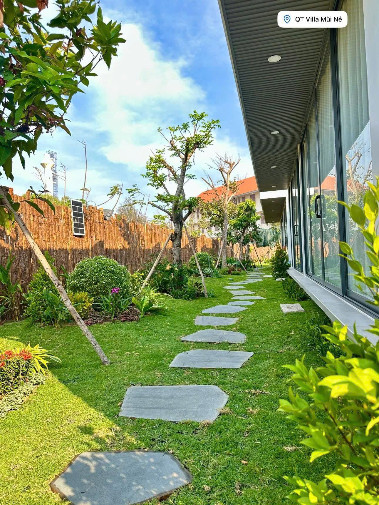 Lối đi đá xanh giữa vườn mát